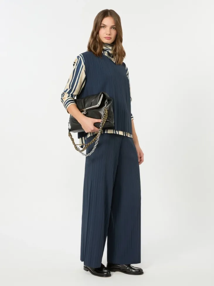 Plissé-pleated viscose yarn sweater - NAVY