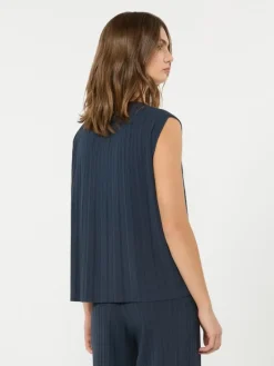 Plissé-pleated viscose yarn sweater - NAVY