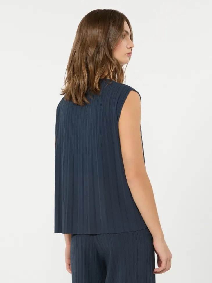 Plissé-pleated viscose yarn sweater - NAVY