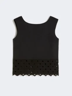 Poplin and macramé lace top - BLACK