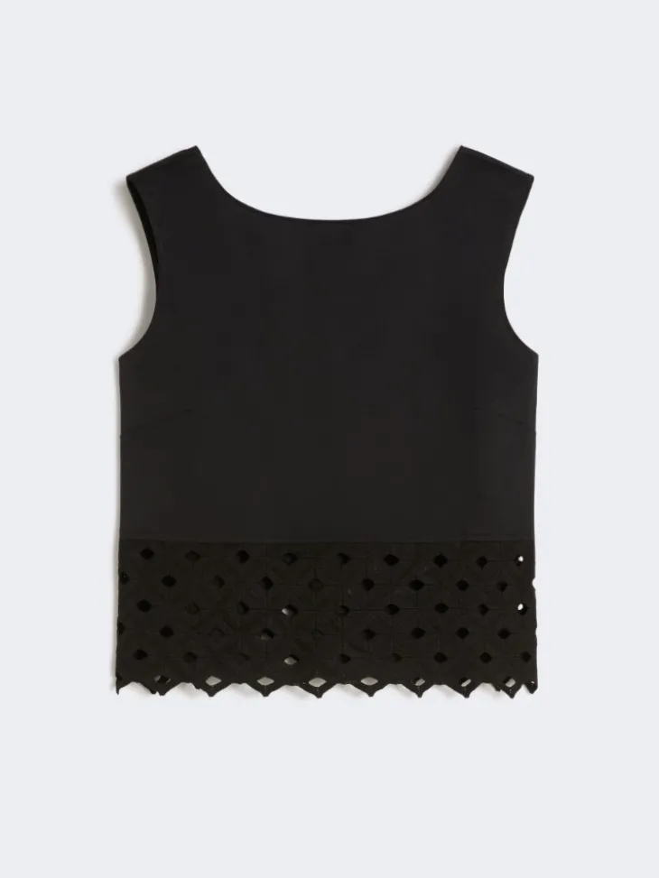 Poplin and macramé lace top - BLACK