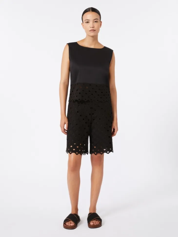 Poplin and macramé lace top - BLACK