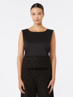 Poplin and macramé lace top - BLACK