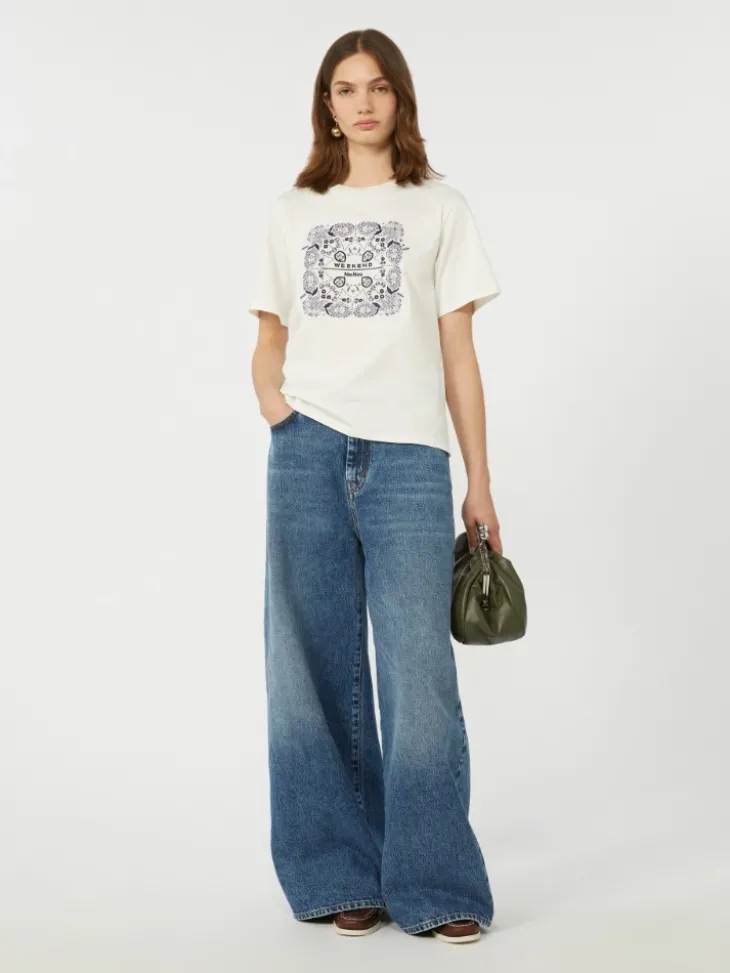 Print and embroidery-adorned cotton T-shirt - WHITE