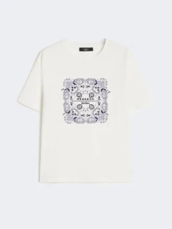 Print and embroidery-adorned cotton T-shirt - WHITE