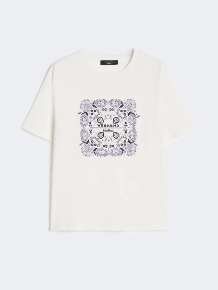 Print and embroidery-adorned cotton T-shirt - WHITE