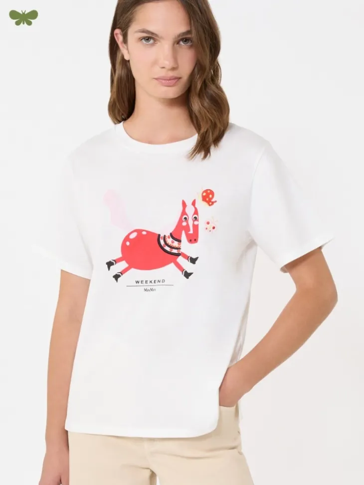 Print and embroidery-adorned cotton T-shirt - WHITE
