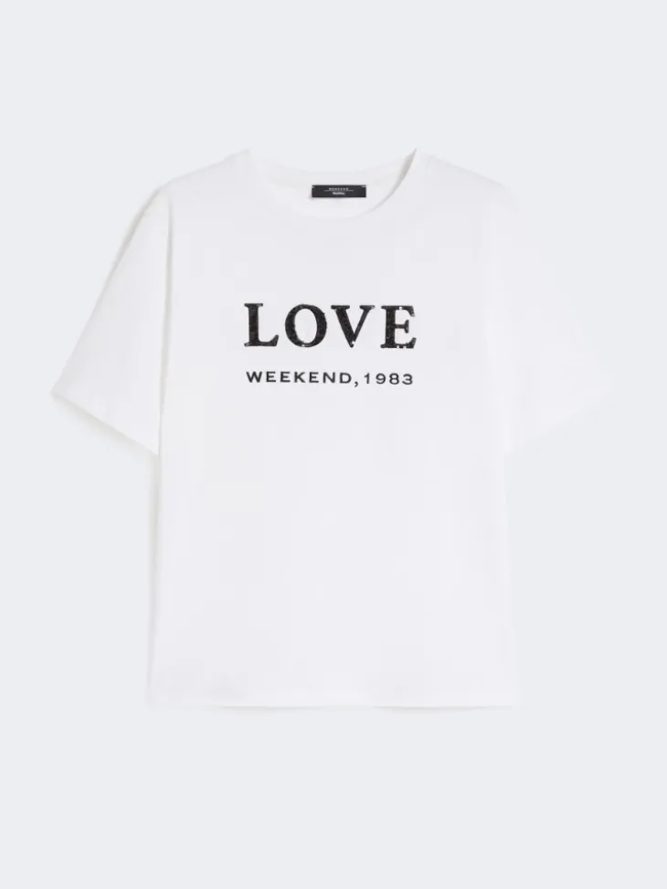 Print and embroidery-adorned jersey T-shirt - WHITE