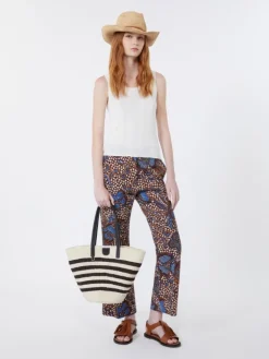 Printed basketweave cotton trousers - TOBACCO