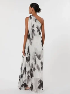 Printed chiffon one-shoulder dress - WHITE