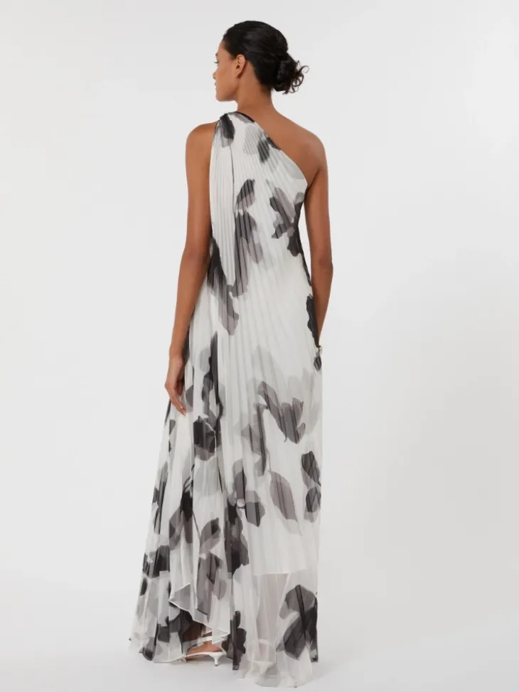 Printed chiffon one-shoulder dress - WHITE
