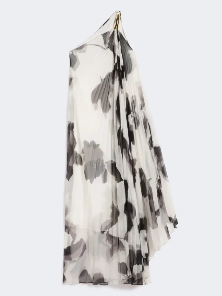 Printed chiffon one-shoulder dress - WHITE