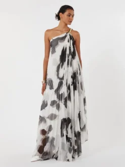 Printed chiffon one-shoulder dress - WHITE