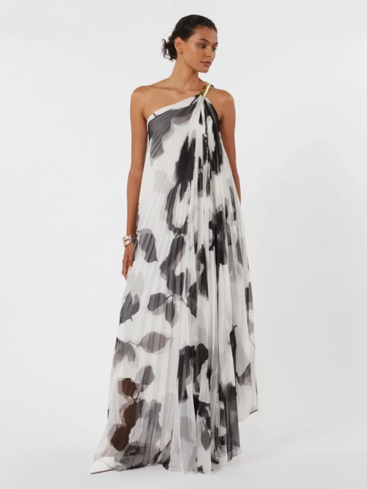 Printed chiffon one-shoulder dress - WHITE