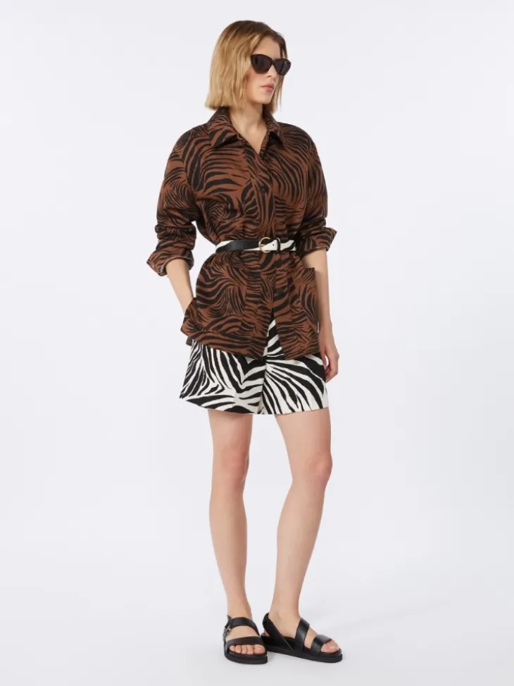 Printed cotton and linen shirt - BROWN