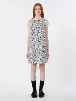 Printed cotton basketweave A-line dress - BLACK