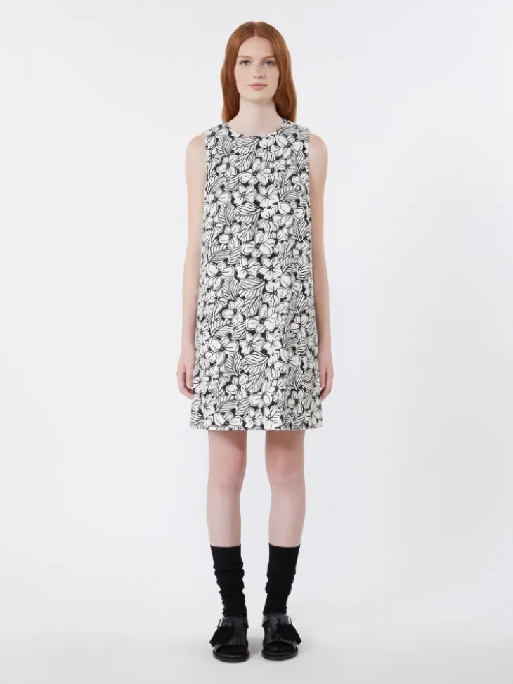 Printed cotton basketweave A-line dress - BLACK