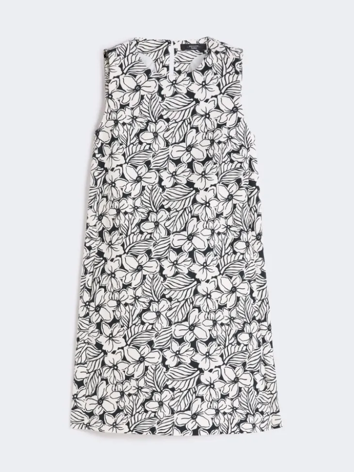Printed cotton basketweave A-line dress - BLACK
