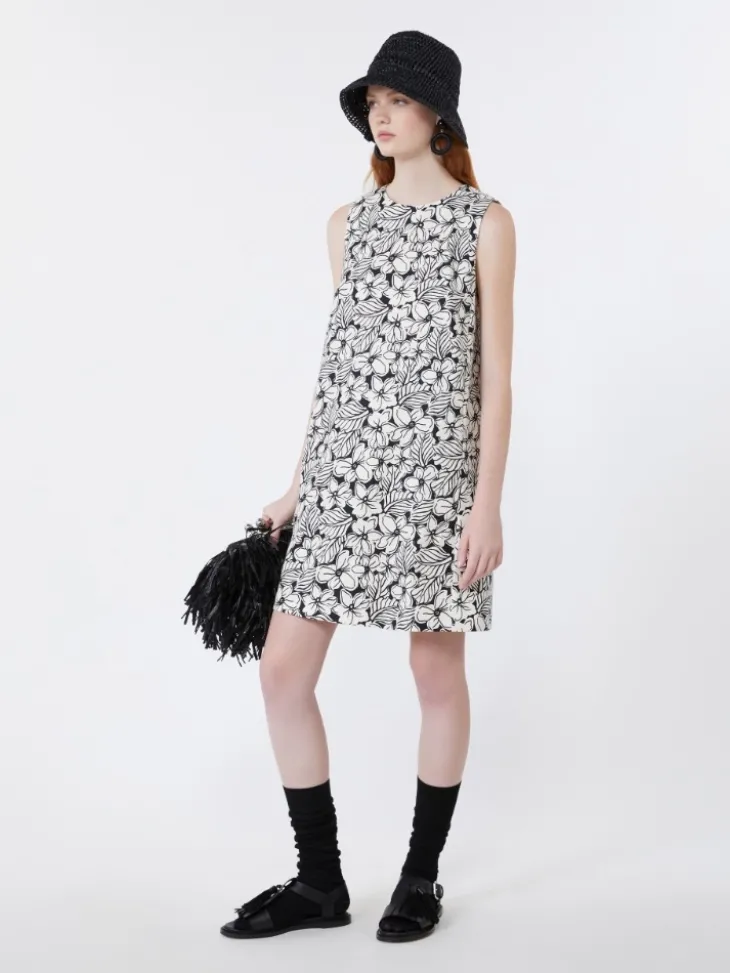 Printed cotton basketweave A-line dress - BLACK