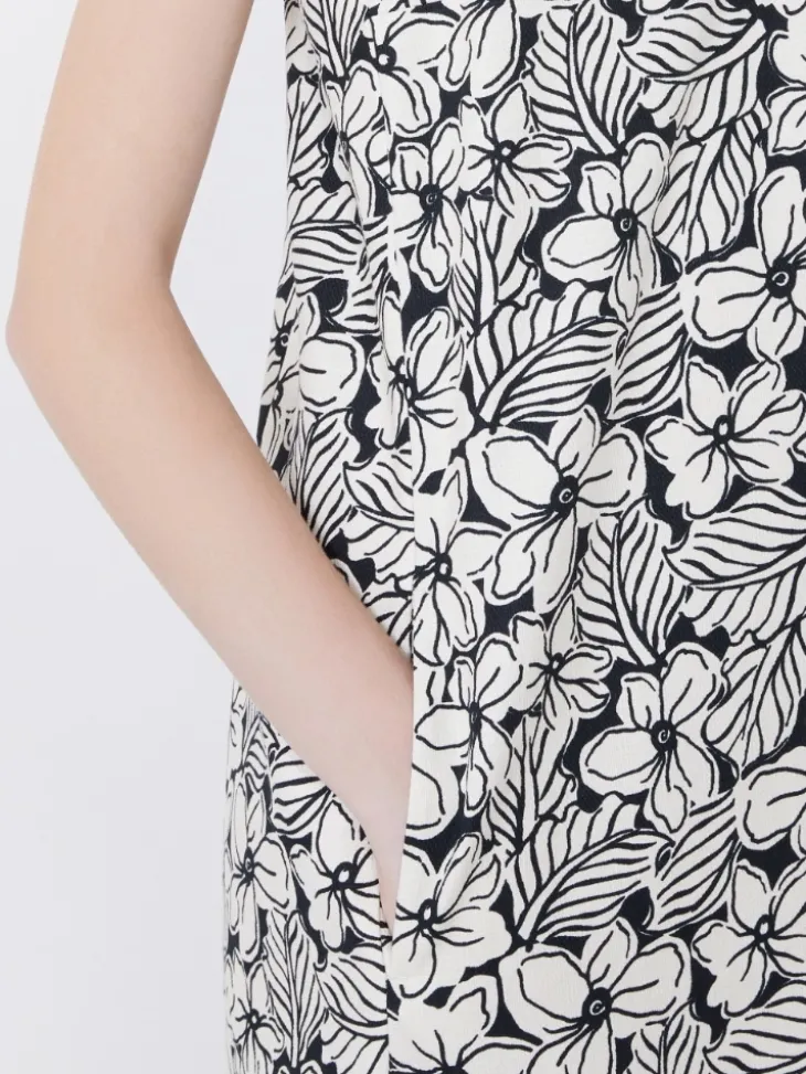Printed cotton basketweave A-line dress - BLACK