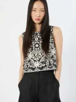 Printed cotton crop top - BLACK