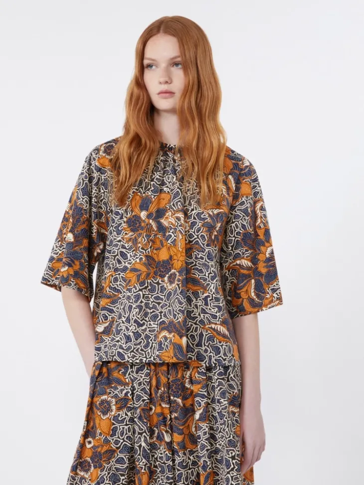 Printed cotton poplin blouse - NAVY