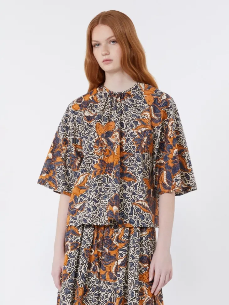 Printed cotton poplin blouse - NAVY