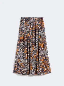 Printed poplin pleated skirt - NAVY