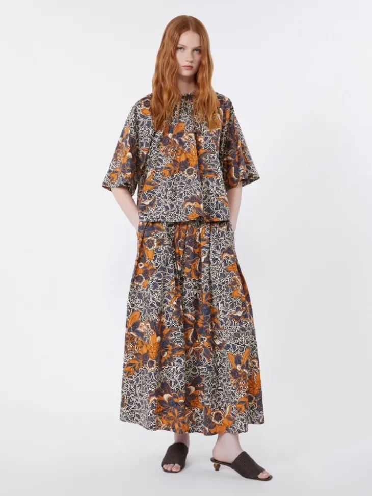 Printed poplin pleated skirt - NAVY