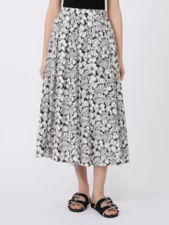 Printed poplin pleated skirt - BLACK