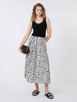 Printed poplin pleated skirt - BLACK