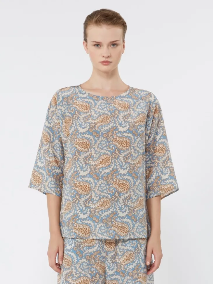 Printed silk crêpe de Chine blouse - LIGHT BLUE