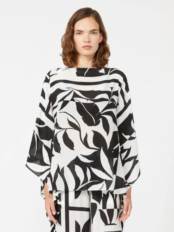 Printed silk poncho - BLACK