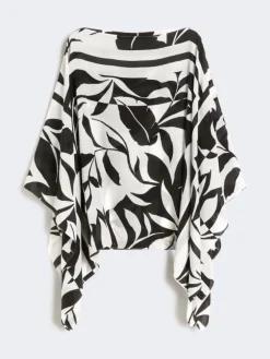 Printed silk poncho - BLACK