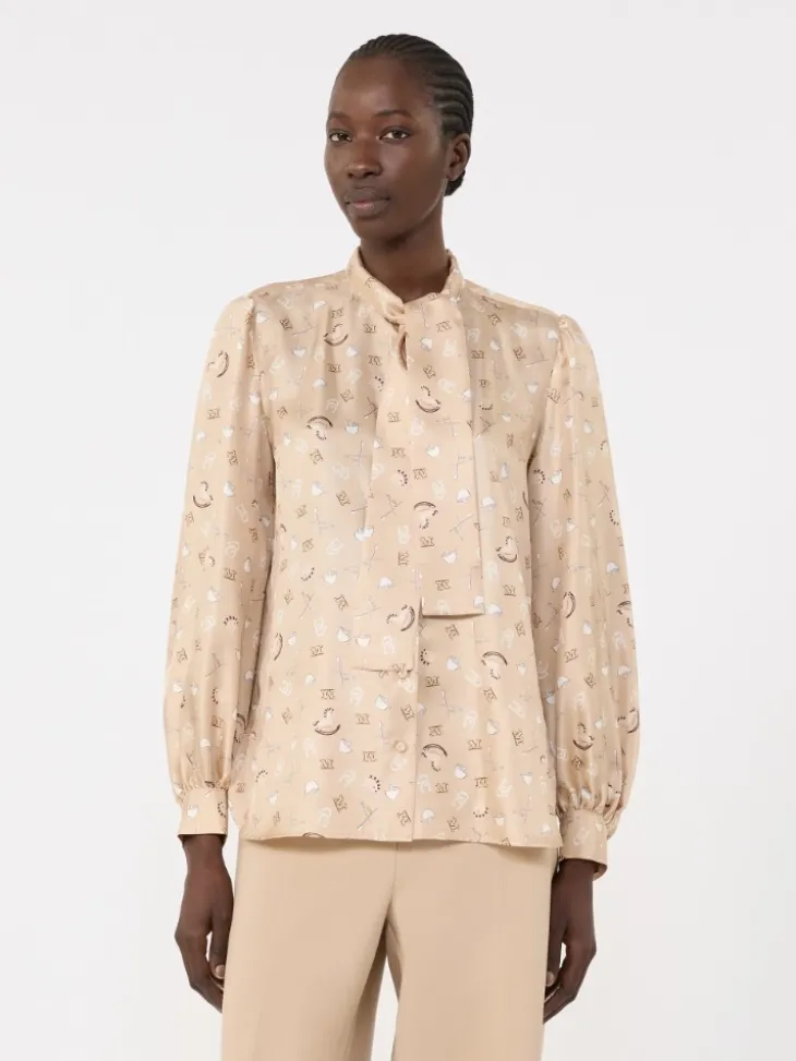 Printed silk pussy-bow shirt - ALBINO