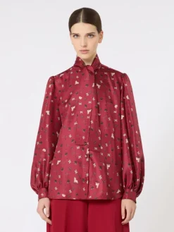 Printed silk pussy-bow shirt - RED