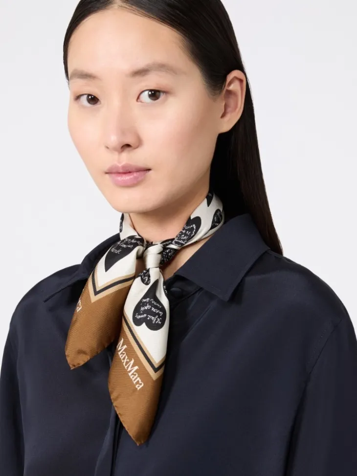 Printed silk twill scarf - TOBACCO