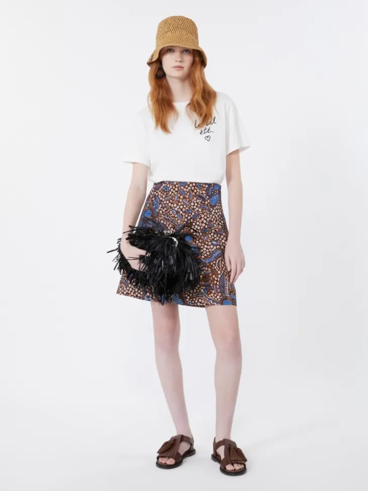 Printed stretch cotton short skirt - TOBACCO