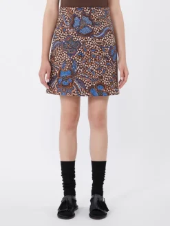 Printed stretch cotton short skirt - TOBACCO