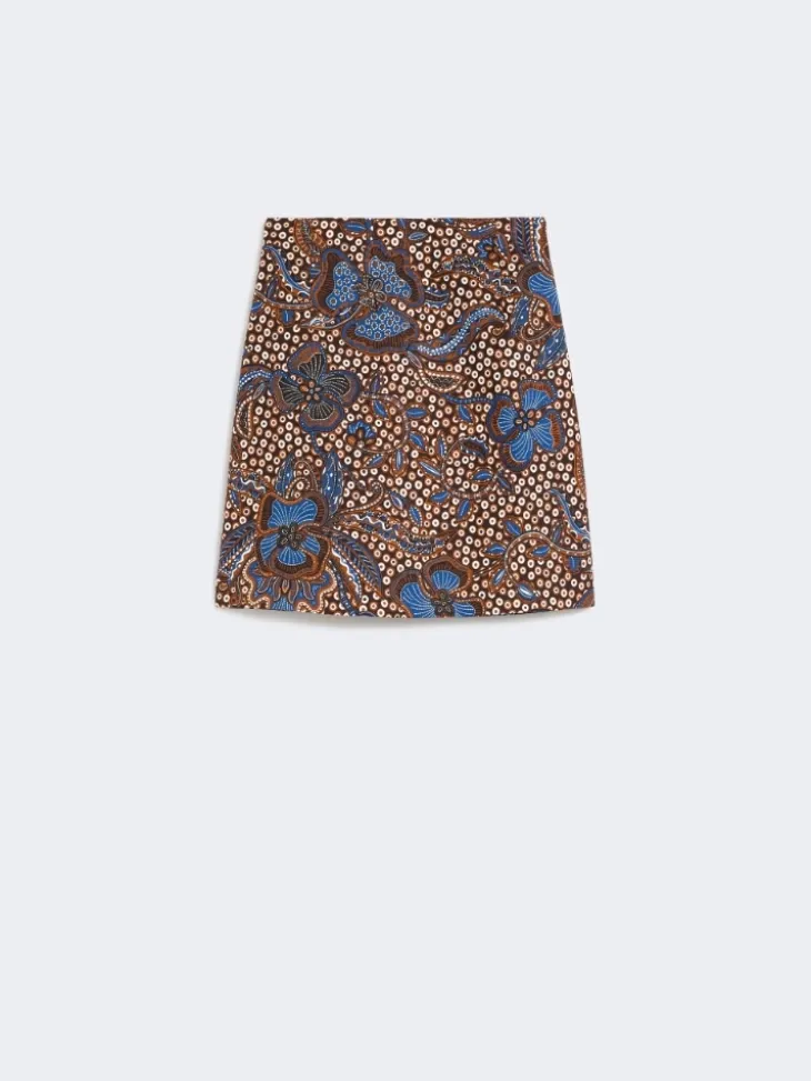 Printed stretch cotton short skirt - TOBACCO