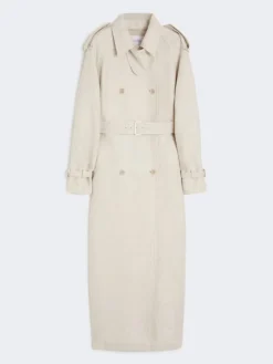 Pure linen drill double-breasted duster coat - SAND