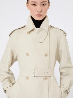 Pure linen drill double-breasted duster coat - SAND