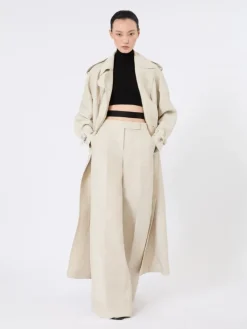 Pure linen drill double-breasted duster coat - SAND