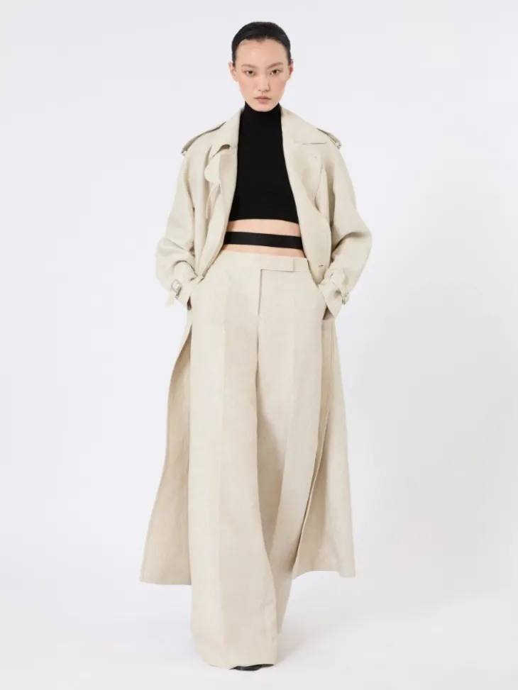 Pure linen drill double-breasted duster coat - SAND