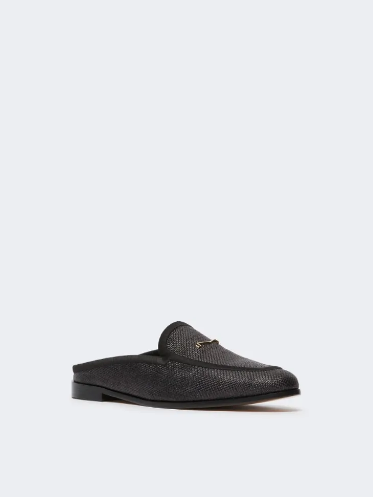 Raffia-effect canvas mules - BLACK