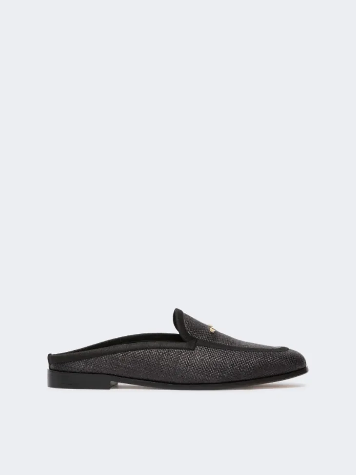 Raffia-effect canvas mules - BLACK
