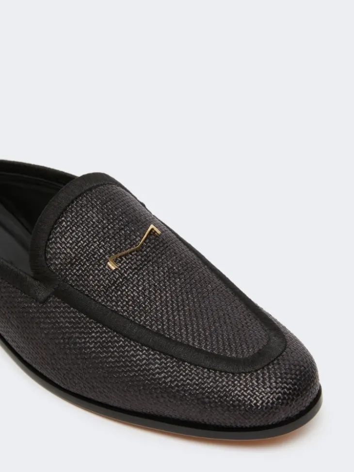 Raffia-effect canvas mules - BLACK