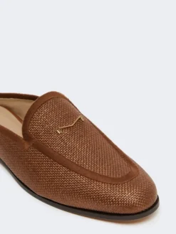 Raffia-effect canvas mules - AMBER BROWN