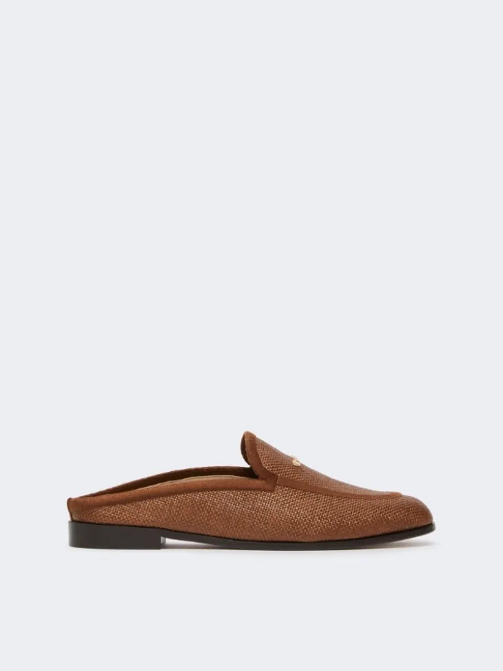 Raffia-effect canvas mules - AMBER BROWN