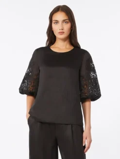 Ramie gauze and broderie anglaise T-shirt - BLACK